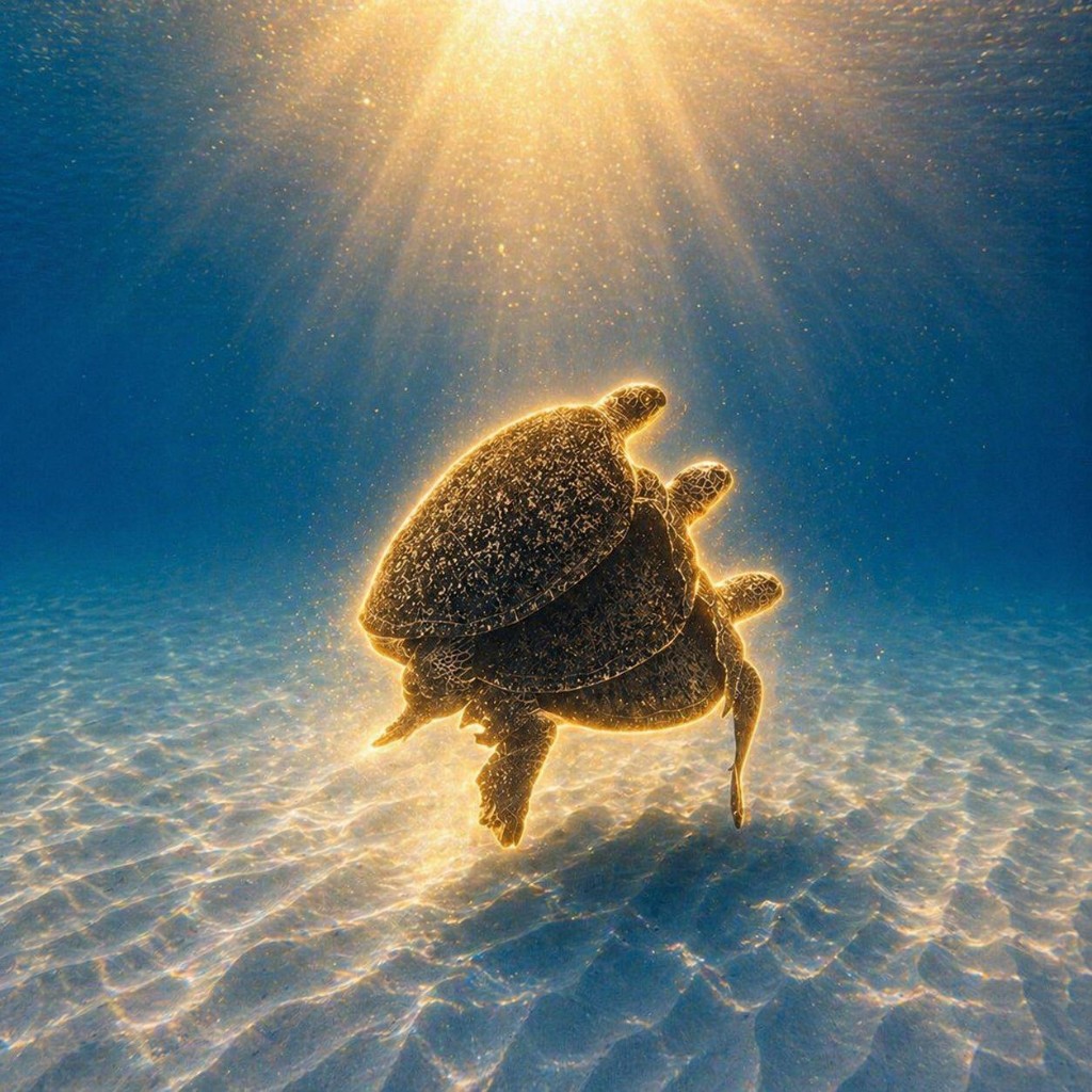 Three sea turtles in clear blue water over pale sand, sunbeams and golden light from above